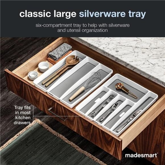Kitchen silverware tray drawer organizer white utensil holder nonslip large BPA - Picture 3 of 6
